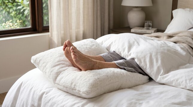Senior woman relaxing feet on a soft white pillow in a bedroom at home