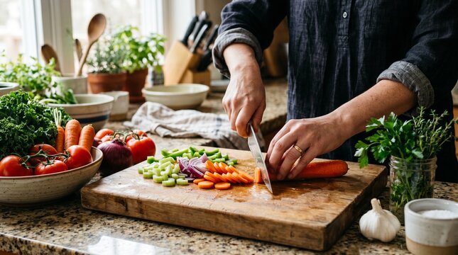 Realistic image of hands chopping vegetables on a cutting board in kitchen, fresh produce around, no face