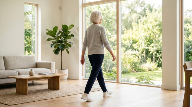 Senior woman walking across a sunlit modern living room at home