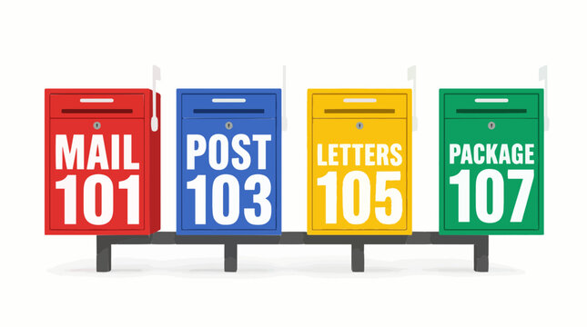 Colorful modern mailboxes row vector. Apartment post boxes with numbers isolated on white background
