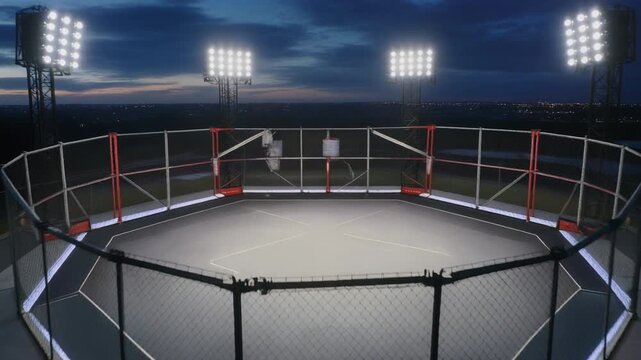 Cinematic Slow Rising Aerial Shot of Professional MMA Octagon Arena at Blue Hour