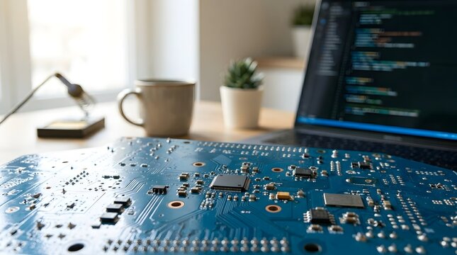 Electronics repair desk with circuit board and laptop showing code