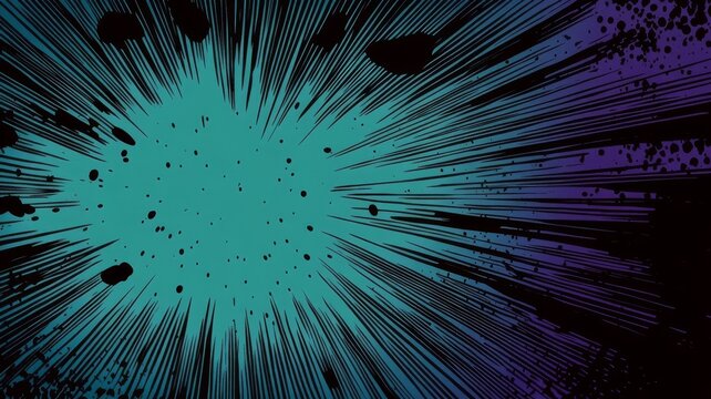 Dynamic comic book action explosion background with speed lines in vibrant teal and dark purple retro style art illustration.