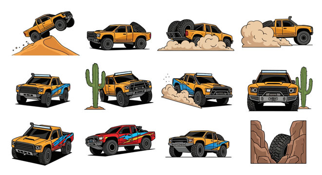Off-Road Trucks Collection Desert Racing, Adventure, Mud, Sand, Dunes Car Icons