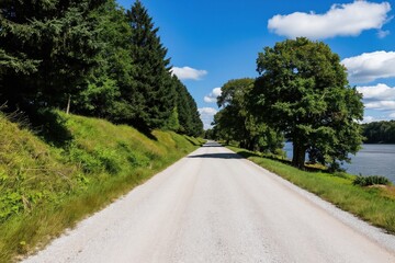 Fototapeta premium Unpaved road winds through green landscape beside calm water. Tall trees line the path under a bright blue sky with fluffy white clouds. The scene evokes a sense of journey and natural beauty.