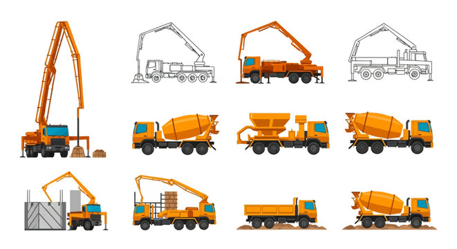 Construction Vehicles Set Concrete Mixer, Pump Truck, Tipper, Crane Truck
