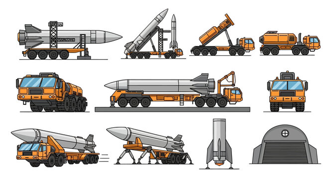 Military Missile Launcher Trucks and Rocket Set - Vector Illustration