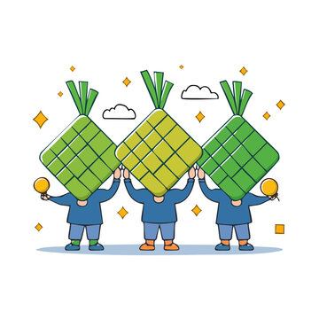 Three people holding ketupat in flat illustration style