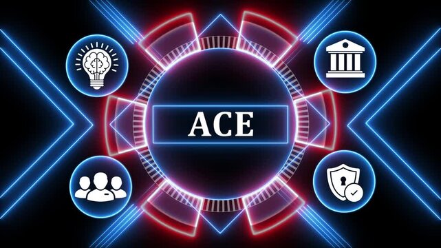 A business animation of ace words, showing light bulb, people, bank, and security icon.