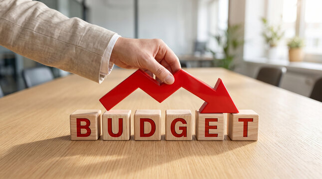 Businessman holding red downward arrow over budget wooden blocks