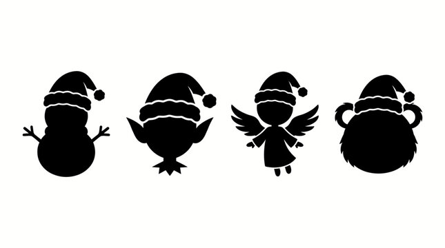 Set of Christmas character silhouettes with festive hats.