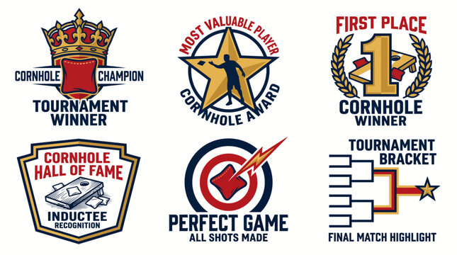 Set of Cornhole Tournament Winner and Hall of Fame Badges.