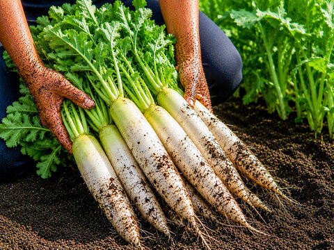 Fresh White Radishes Harvested From Soil