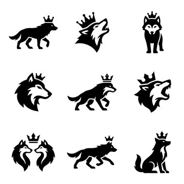 Black silhouettes of crowned wolves.