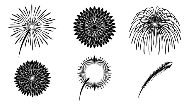 Set of isolated black fireworks and starburst design elements.