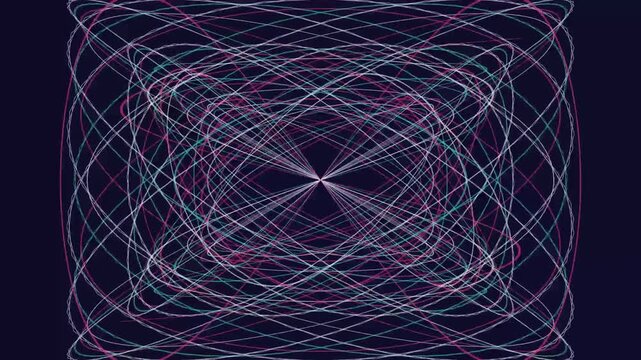 Abstract neon geometric motion background, pulsing digital light orbits and particle energy lines