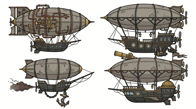Set of four detailed steampunk airships and dirigibles isolated on white background.