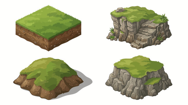 Set of isometric landscape terrain tiles for game development.