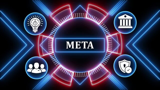 Abstract futuristic neon circle light animation with meta business concept banner.