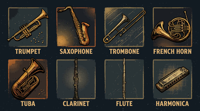 Set of eight vintage musical wind instruments icons.