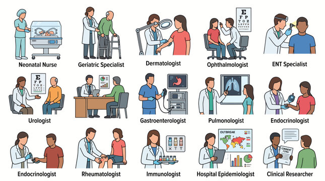 Set of medical specialist doctor icons showing various medical professions and healthcare services.