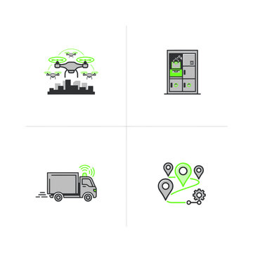 Logistics and delivery icons including drones, trucks, and inventory management systems with green and gray graphics