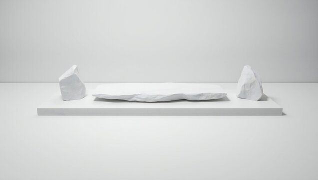 Minimalist product display on white geometric stand with clean reflection and modern lighting