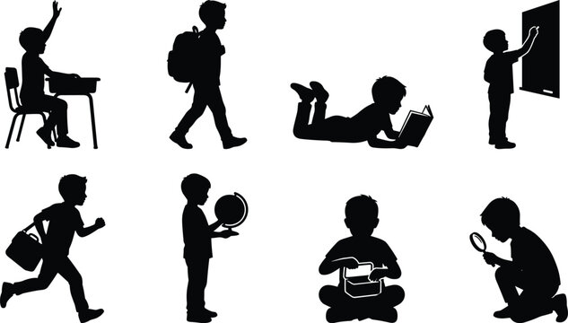 Black Silhouettes of Children Learning, Exploring, and Engaging in Educational Activities