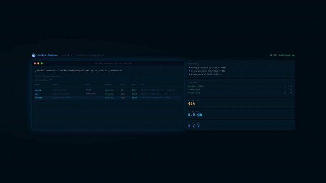Docker Compose Terminal Animation - Container Stack Deployment CLI 4K Seamless Loop