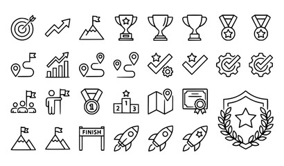 Fototapeta premium Success and Achievement Line Icons Set - Trophy, Medal, Target, Growth Chart, Mountain Peak, Rocket Launch, Winner Podium, Certificate, Goal, Leadership Vector Icons Collection