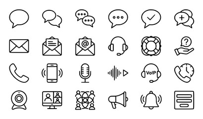 Fototapeta premium Communication and Customer Support Line Icons Set - Chat Bubble, Email, Headset, Phone Call, Microphone, Megaphone, Notification Bell, Video Call, Social Network Vector Icons Collection