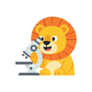 A cute cartoon lion with a bright orange mane happily looks through a grey microscope, exploring the tiny world of science in a playful way.