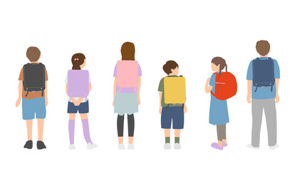 Fototapeta premium ランドセルを背負った小学生の後ろ姿セットのイラスト