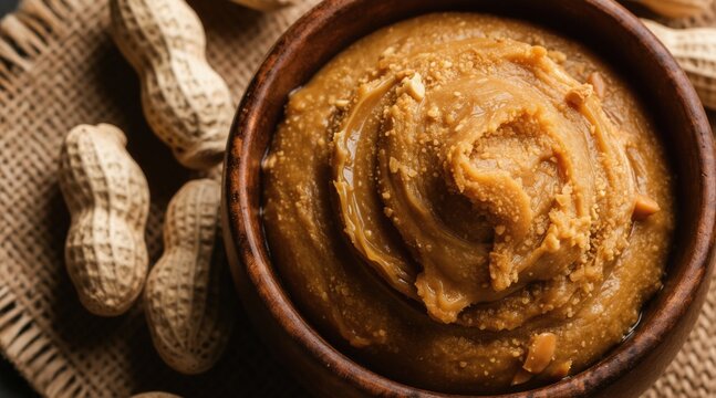 Rustic wooden bowl holds creamy peanut butter beside scattered peanuts. Close-up view highlights natural textures promoting wellness, plant based diet, healthy lifestyle. Ideal for food blogs
