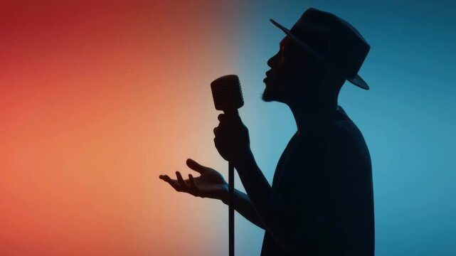 Silhouette of male singer in hat passionately performing song with vintage microphone against blurred gradient background with warm and cool lighting