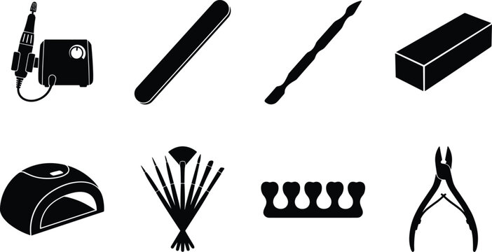Collection of nail care tool silhouettes including clippers, buffers, brushes, and manicure equipment