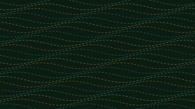 Abstract wavy dashed line pattern animation, minimalist dark green background, motion dashed lines