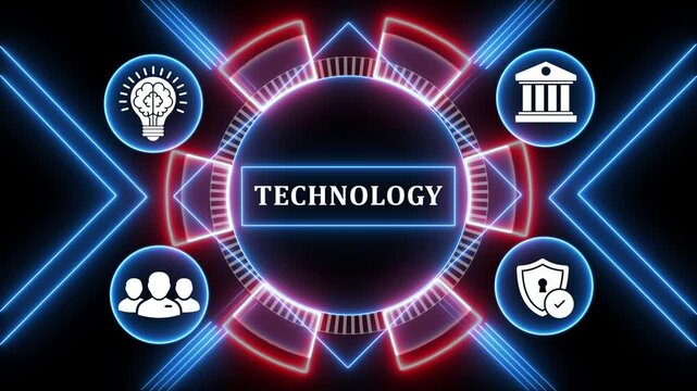 Abstract technology concept animation showing icons related to business solutions.