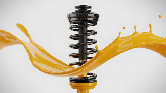 Automotive shock absorber coil spring surrounded by flowing yellow paint