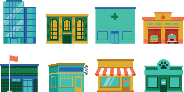 Community buildings illustration featuring office, bank, clinic, fire station, shop, and pet store