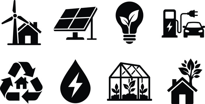 Eco friendly renewable energy icons set with solar panels, wind turbine, recycling, and sustainable living symbols