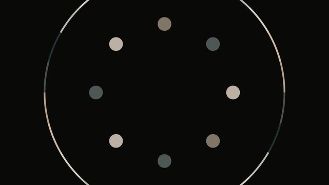 Minimalist loading spinner animation with rotating dots on dark background, progress buffer waiting