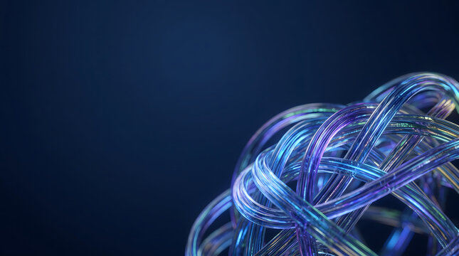 Abstract representation of interwoven luminous fiber optic strands creating a spherical form against a dark blue background, symbolizing connectivity and data transmission