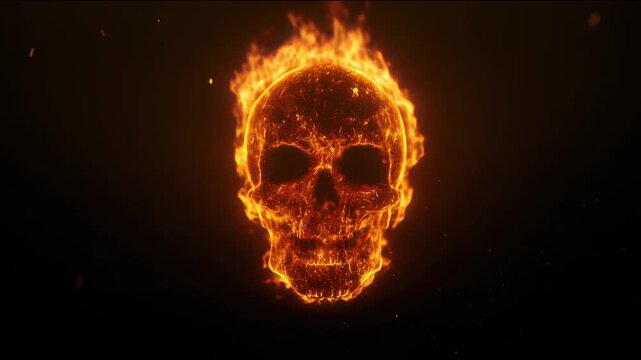 Human skull engulfed in intense burning fire flames on black skeleton