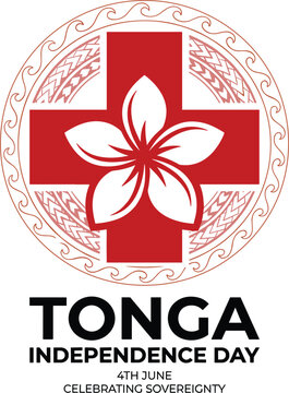 Tonga Independence Day national banner with traditional oceania tribal pattern cross and frangipani flower vector design