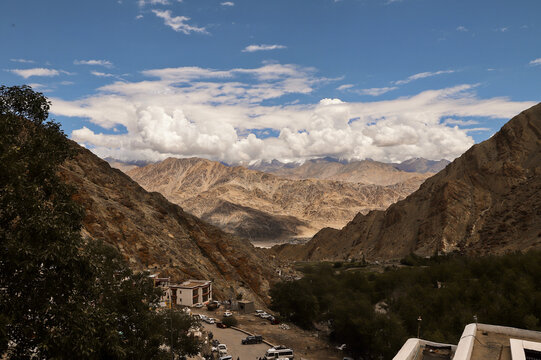 Winding road and barren mountain valley view from Hemis Monastery in Ladakh