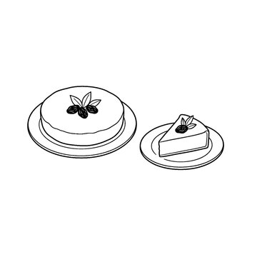Slices of Quesillo dessert on a serving plate. Cheesecake slices on a plate. Coloring Book.