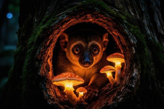 Aye aye lemur sits in dark tree hollow near glowing mushrooms. Nocturnal primate looks with big eyes. Wildlife at night in its natural habitat.