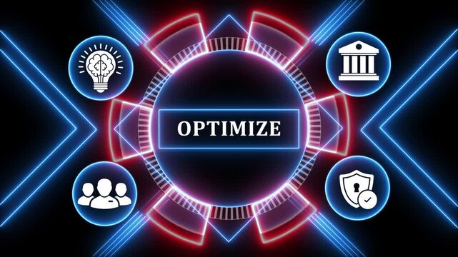 Abstract optimize word digital animation with glowing light effect and futuristic elements.