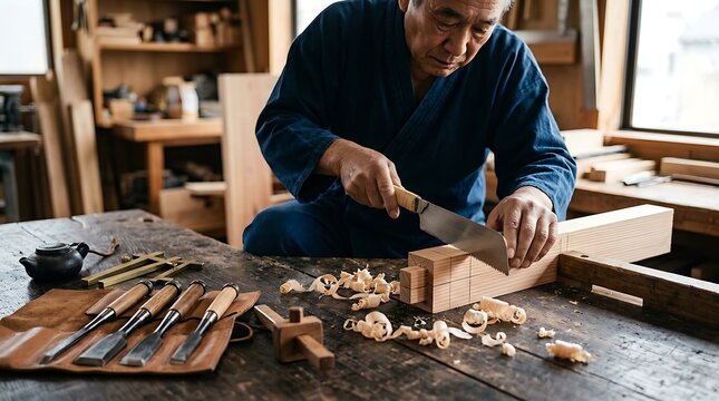 A Japanese carpenter cutting a wood joint with a traditional pull saw on a rustic workbench with chisels and shavings. Authentic woodworking craft captured